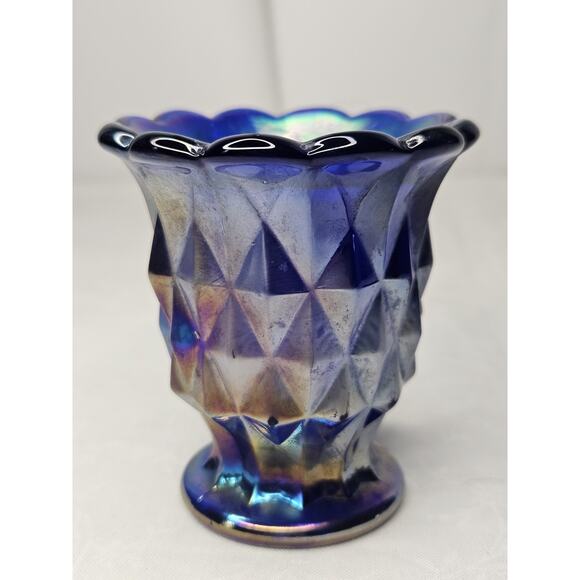 Vtg Imperial Cobalt Carnival Glass Diamond Block Aurora Jewel Toothpick Holder - Picture 2 of 7